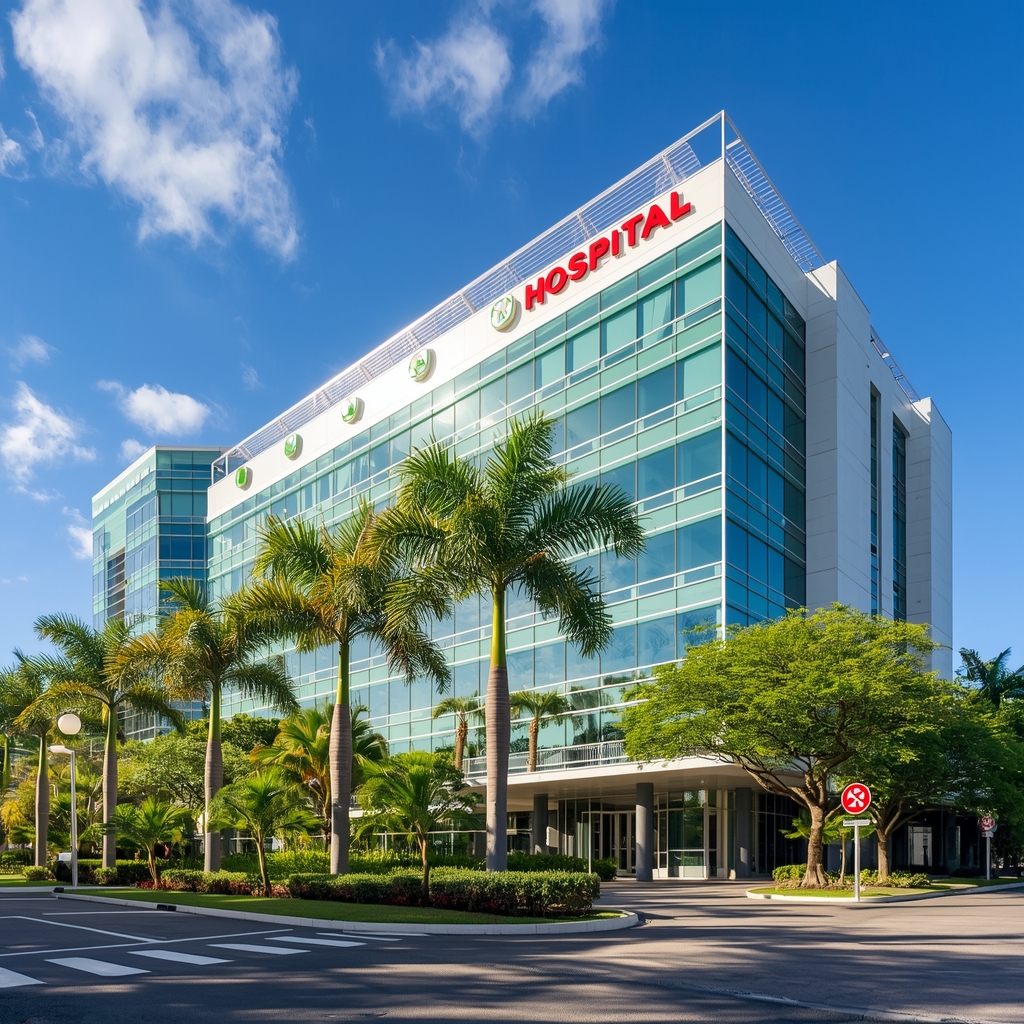 A modern state-of-the-art hospital building exterior with glass facades surrounded by tropical palm trees and lush gardens, luxury medical facility in a sunny tropical destination, architectural photography style, bright daylight, clear blue sky, no people visible