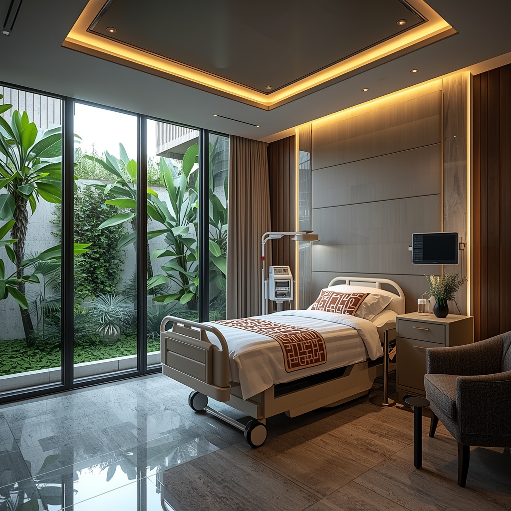Interior of a modern luxury hospital recovery suite with floor-to-ceiling windows overlooking a tropical garden, premium medical equipment, comfortable patient bed with elegant furnishings, warm ambient lighting, high-end medical tourism accommodation, no people visible
